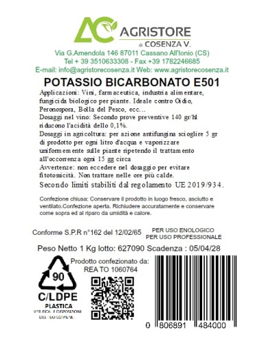 Bicarbonato di Potassio 1 kg - Etichetta