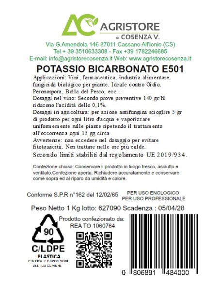 Bicarbonato di Potassio 1 kg - Etichetta